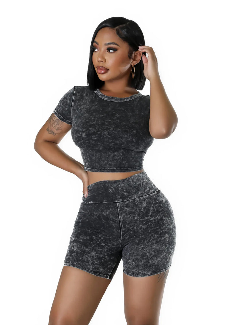 Acid Washed Women 2 Piece Set Fitness Short Sleeve Crop Top Skinny Biker Shorts Matching Set 2024 Summer New Fashion Tracksuits
