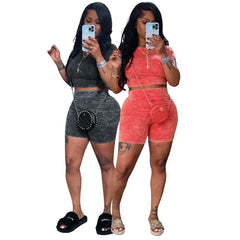 Acid Washed Women 2 Piece Set Fitness Short Sleeve Crop Top Skinny Biker Shorts Matching Set 2024 Summer New Fashion Tracksuits