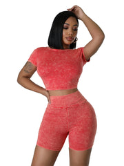 Acid Washed Women 2 Piece Set Fitness Short Sleeve Crop Top Skinny Biker Shorts Matching Set 2024 Summer New Fashion Tracksuits