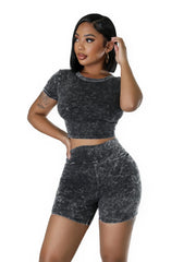 Acid Washed Women 2 Piece Set Fitness Short Sleeve Crop Top Skinny Biker Shorts Matching Set 2024 Summer New Fashion Tracksuits